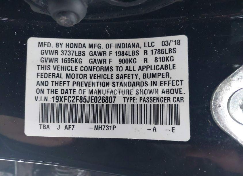 Photo 9 of 2018 Honda Civic EX (VIN 19XFC2F85JE026807)