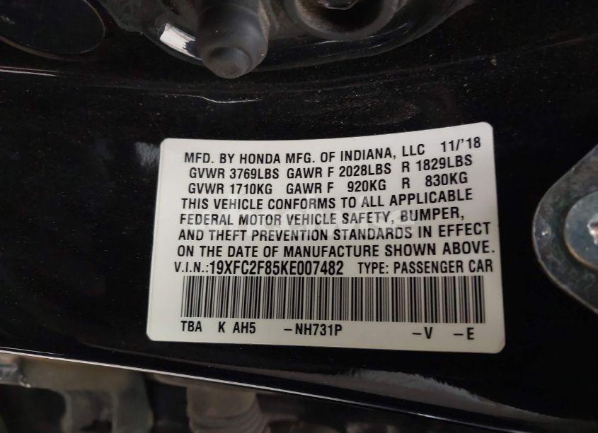 Photo 9 of 2019 Honda Civic SPORT (VIN 19XFC2F85KE007482)