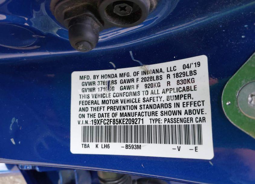 Photo 9 of 2019 Honda Civic SPORT (VIN 19XFC2F85KE209271)