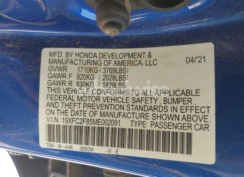 Photo 9 of 2021 Honda Civic SPORT (VIN 19XFC2F85ME002091)