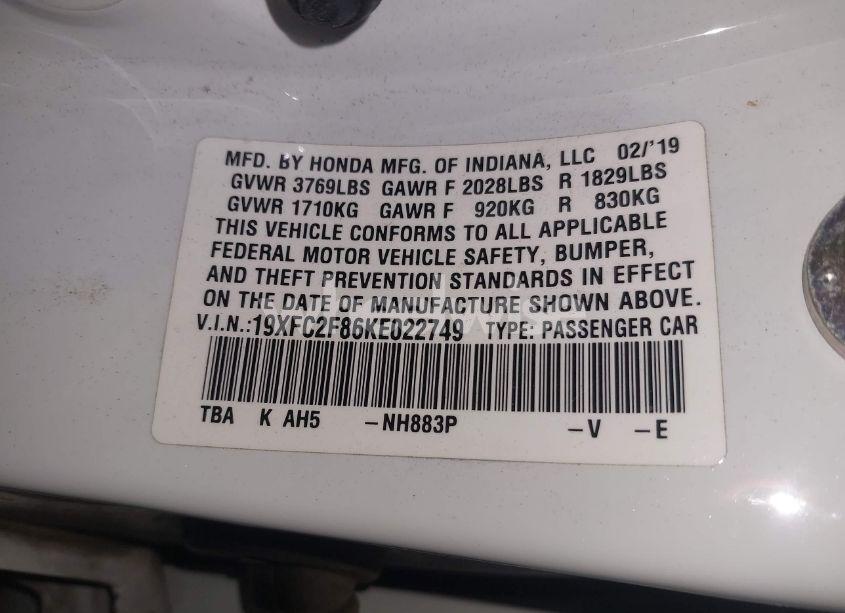 Photo 9 of 2019 Honda Civic SPORT (VIN 19XFC2F86KE022749)