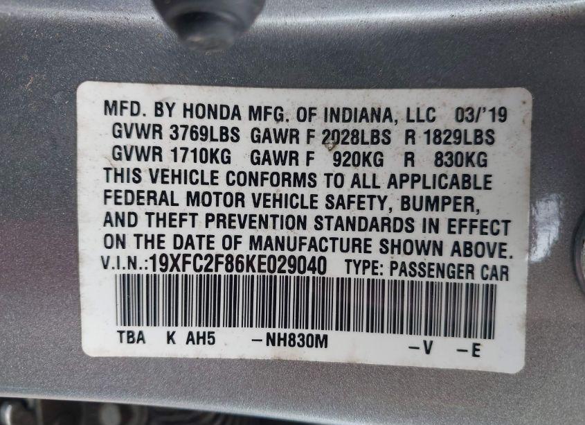 Photo 9 of 2019 Honda Civic SPORT (VIN 19XFC2F86KE029040)