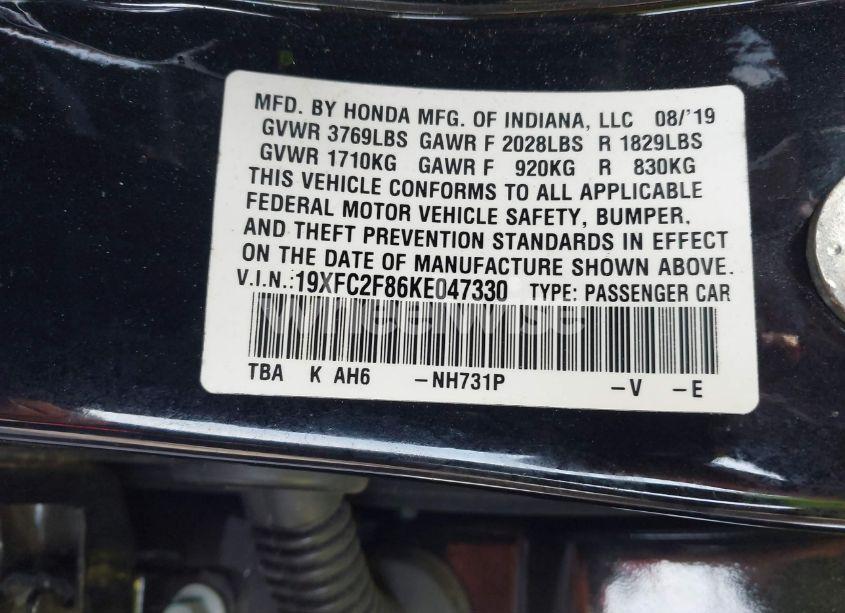 Photo 9 of 2019 Honda Civic SPORT (VIN 19XFC2F86KE047330)