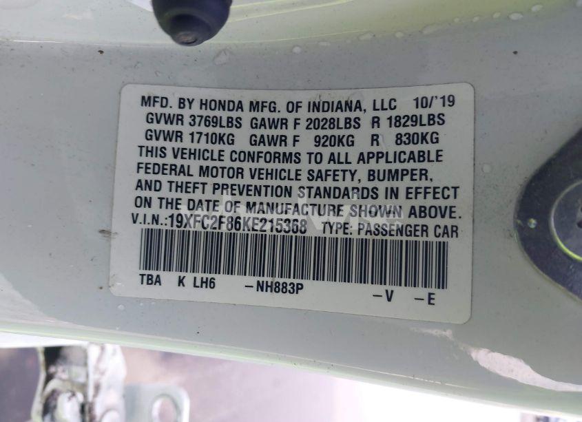 Photo 9 of 2019 Honda Civic SPORT (VIN 19XFC2F86KE215368)