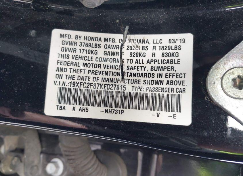 Photo 9 of 2019 Honda Civic SPORT (VIN 19XFC2F87KE027815)