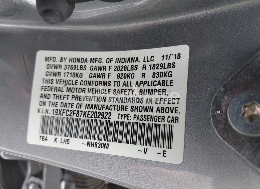 Photo 9 of 2019 Honda Civic SPORT (VIN 19XFC2F87KE202922)