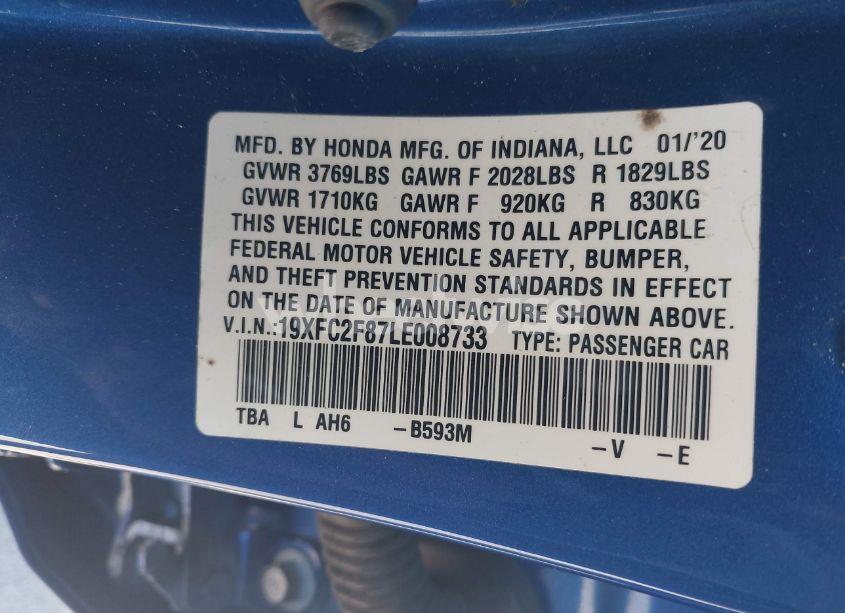 Photo 9 of 2020 Honda Civic SPORT (VIN 19XFC2F87LE008733)