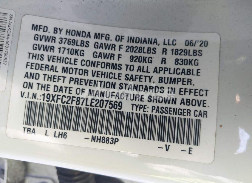 Photo 9 of 2020 Honda Civic SPORT (VIN 19XFC2F87LE207569)