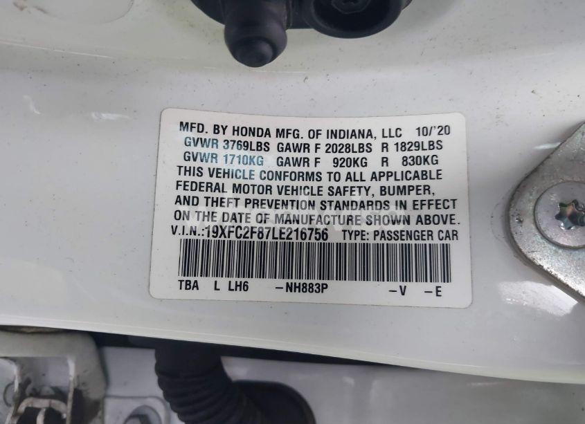 Photo 9 of 2020 Honda Civic SPORT (VIN 19XFC2F87LE216756)