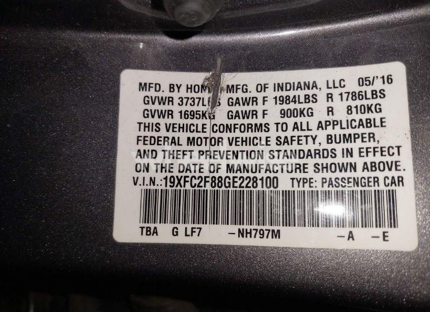 Photo 9 of 2016 Honda Civic EX (VIN 19XFC2F88GE228100)