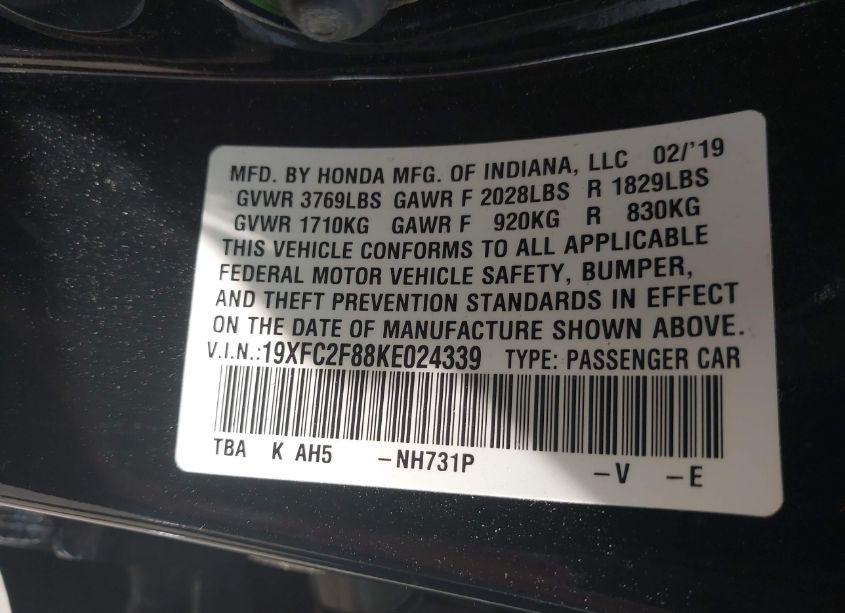 Photo 9 of 2019 Honda Civic SPORT (VIN 19XFC2F88KE024339)