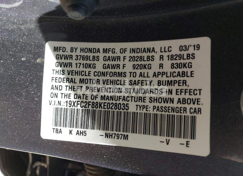 Photo 9 of 2019 Honda Civic SPORT (VIN 19XFC2F88KE028035)