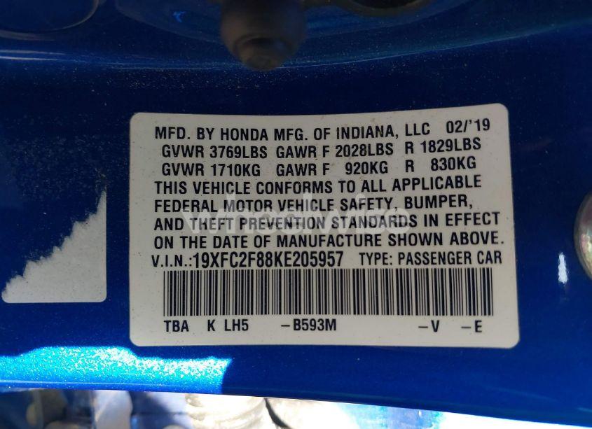 Photo 9 of 2019 Honda Civic SPORT (VIN 19XFC2F88KE205957)