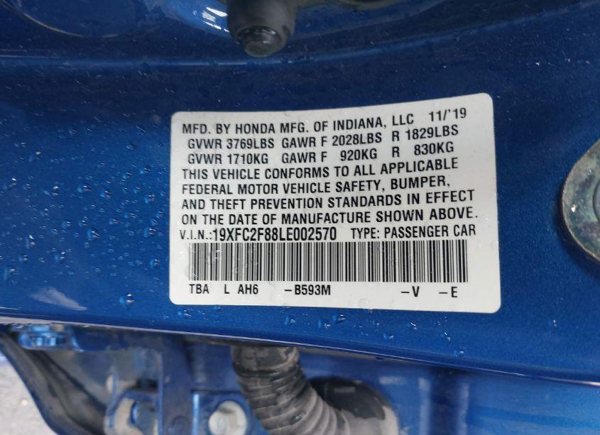 Photo 9 of 2020 Honda Civic SPORT (VIN 19XFC2F88LE002570)