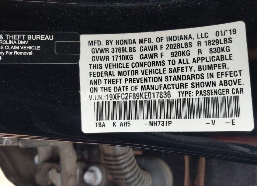 Photo 9 of 2019 Honda Civic SPORT (VIN 19XFC2F89KE017836)