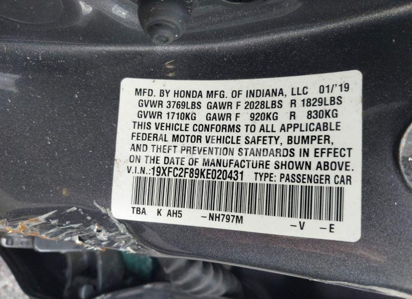 Photo 9 of 2019 Honda Civic SPORT (VIN 19XFC2F89KE020431)