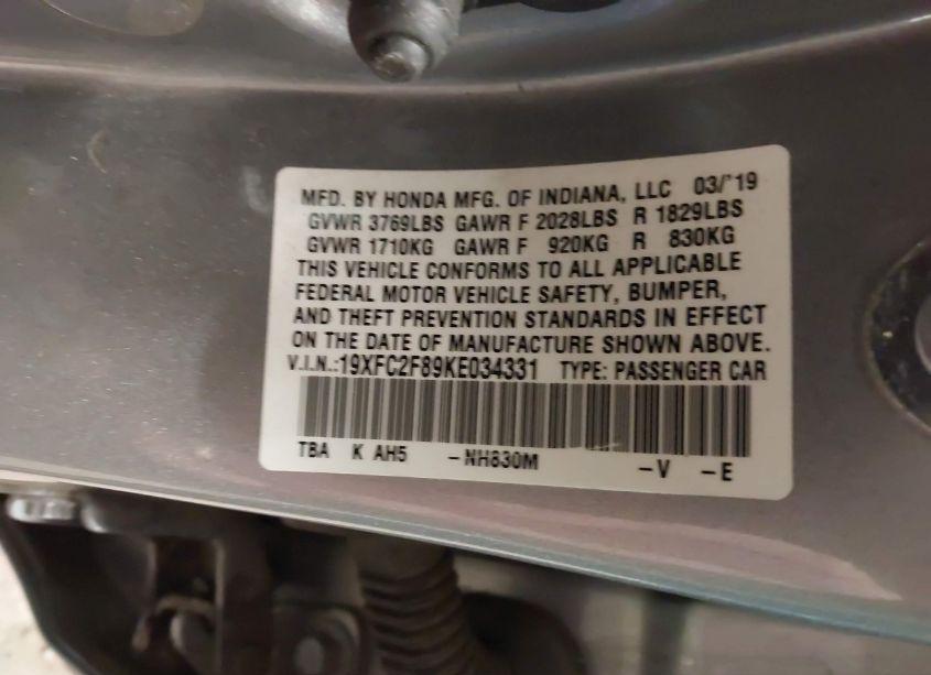 Photo 9 of 2019 Honda Civic SPORT (VIN 19XFC2F89KE034331)