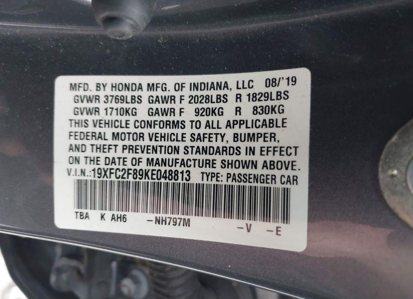 Photo 9 of 2019 Honda Civic SPORT (VIN 19XFC2F89KE048813)