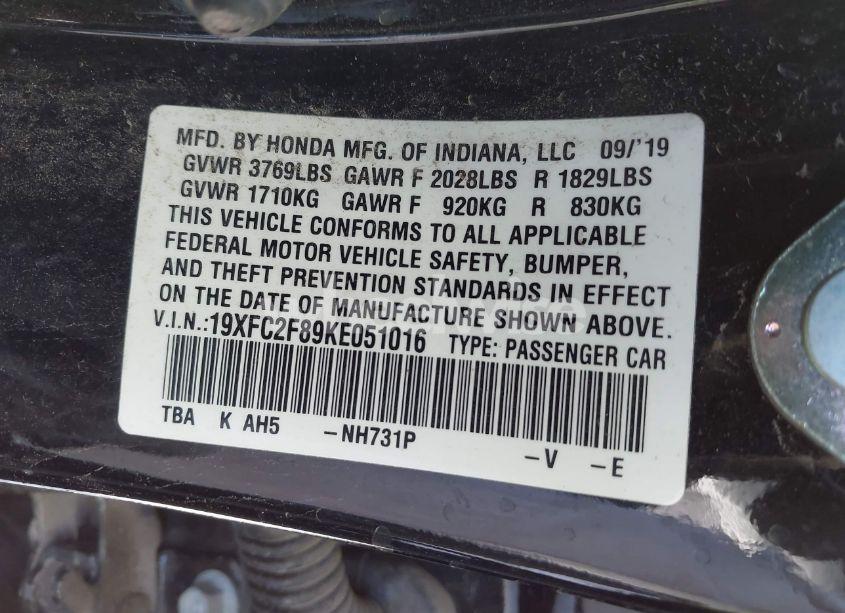 Photo 9 of 2019 Honda Civic SPORT (VIN 19XFC2F89KE051016)