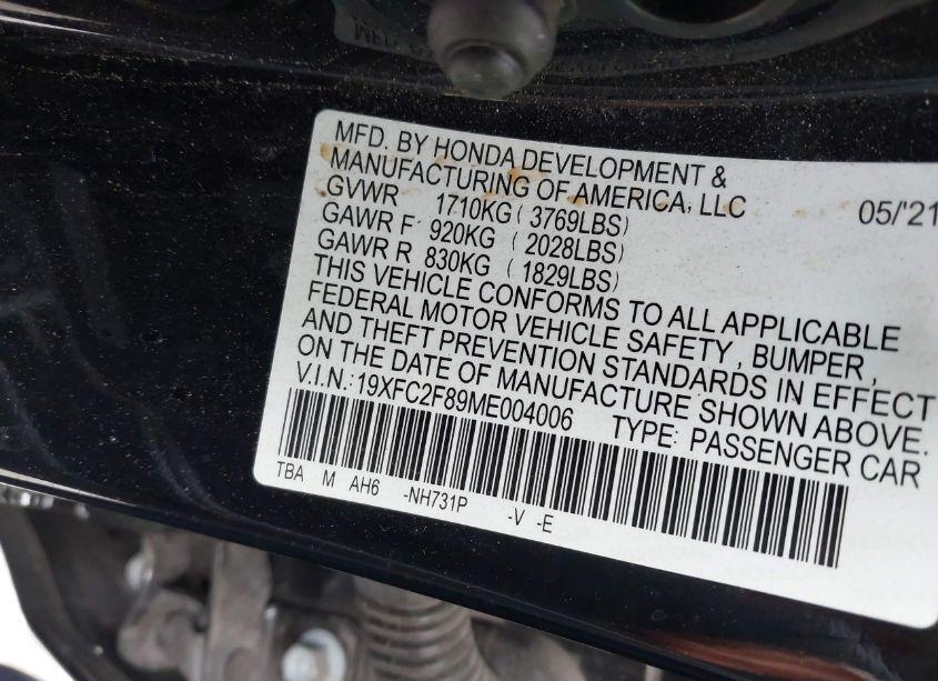 Photo 9 of 2021 Honda Civic SPORT (VIN 19XFC2F89ME004006)