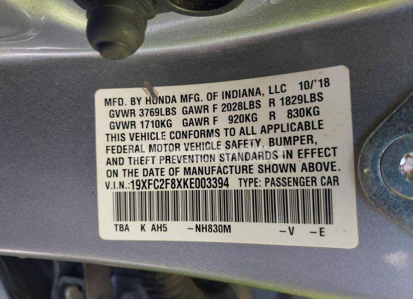 Photo 9 of 2019 Honda Civic SPORT (VIN 19XFC2F8XKE003394)