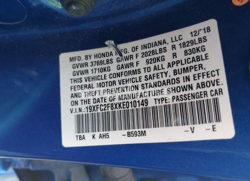 Photo 9 of 2019 Honda Civic SPORT (VIN 19XFC2F8XKE010149)