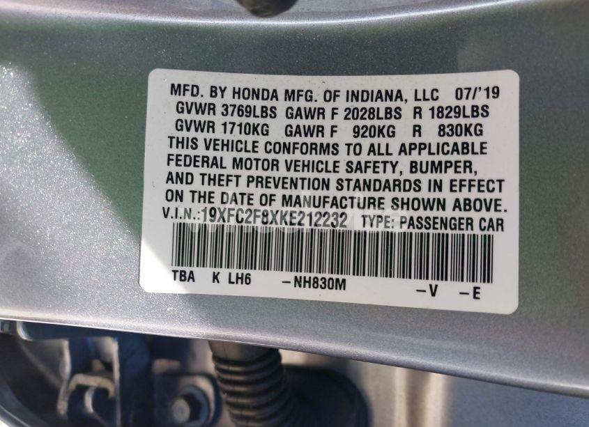 Photo 9 of 2019 Honda Civic SPORT (VIN 19XFC2F8XKE212232)