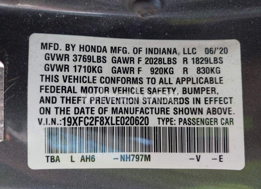 Photo 9 of 2020 Honda Civic SPORT (VIN 19XFC2F8XLE020620)