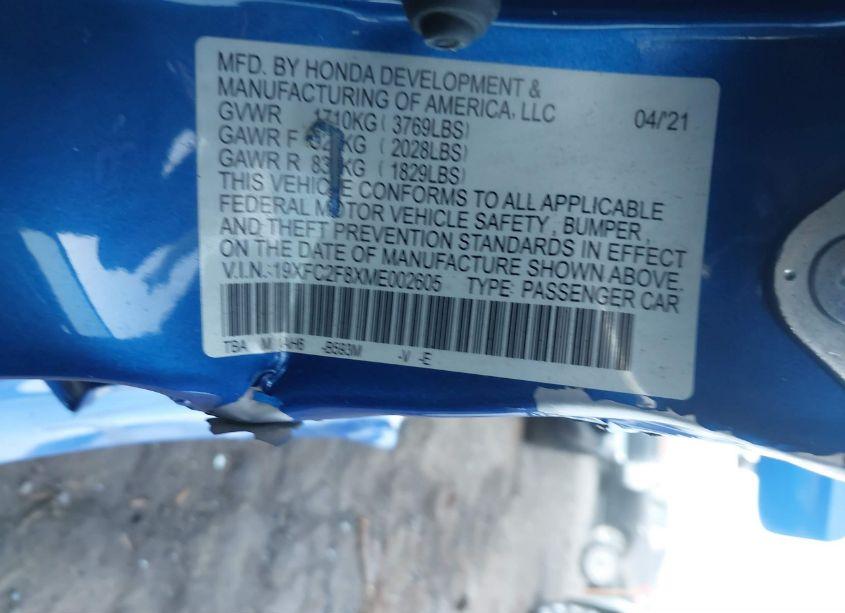 Photo 9 of 2021 Honda Civic SPORT (VIN 19XFC2F8XME002605)