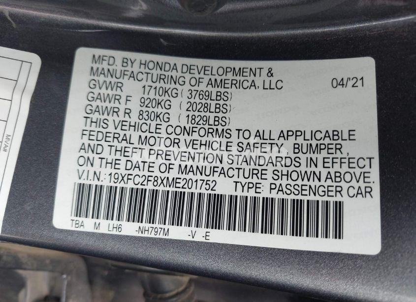 Photo 9 of 2021 Honda Civic SPORT (VIN 19XFC2F8XME201752)