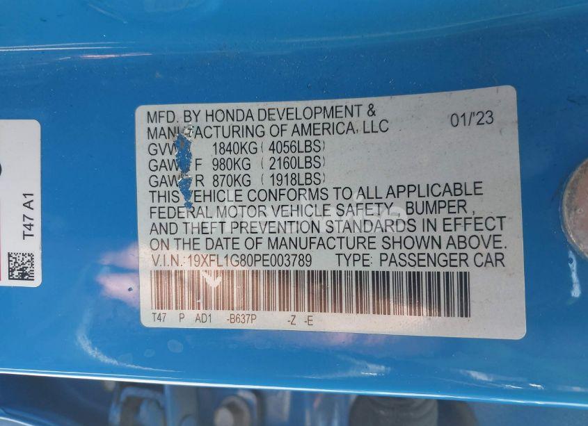 Photo 9 of 2023 Honda Civic SPORT TOURING (VIN 19XFL1G80PE003789)