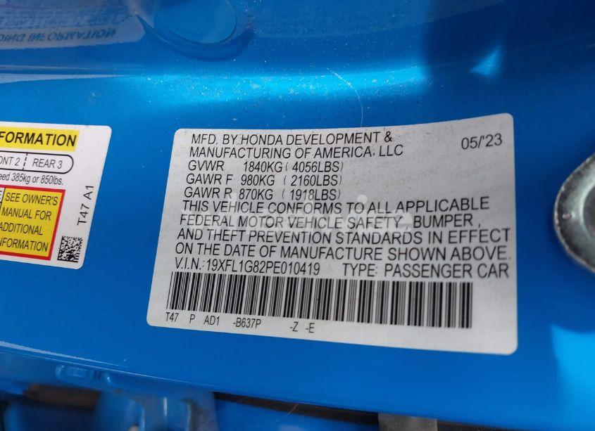 Photo 9 of 2023 Honda Civic SPORT TOURING (VIN 19XFL1G82PE010419)