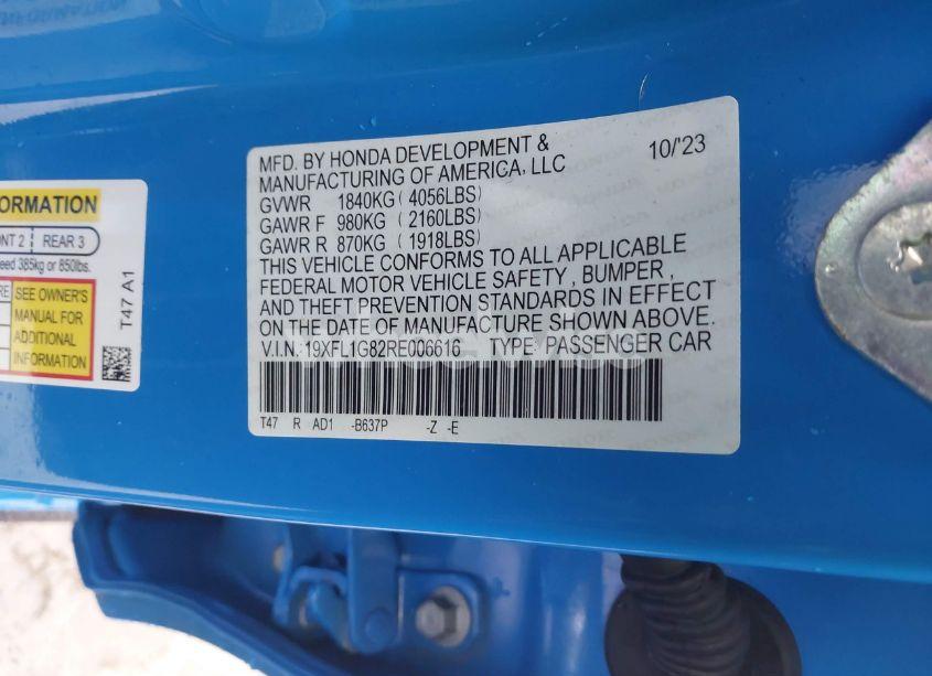 Photo 9 of 2024 Honda Civic SPORT TOURING (VIN 19XFL1G82RE006616)