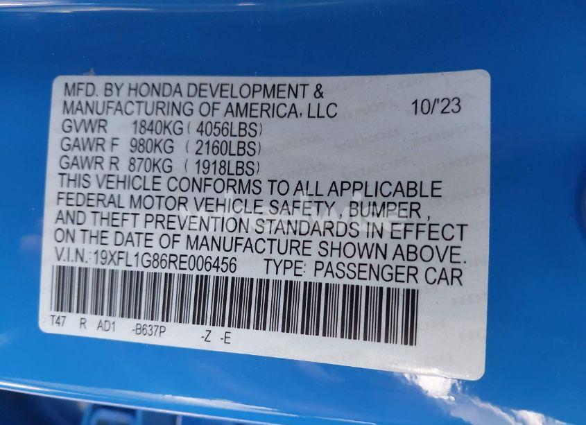 Photo 9 of 2024 Honda Civic SPORT TOURING (VIN 19XFL1G86RE006456)