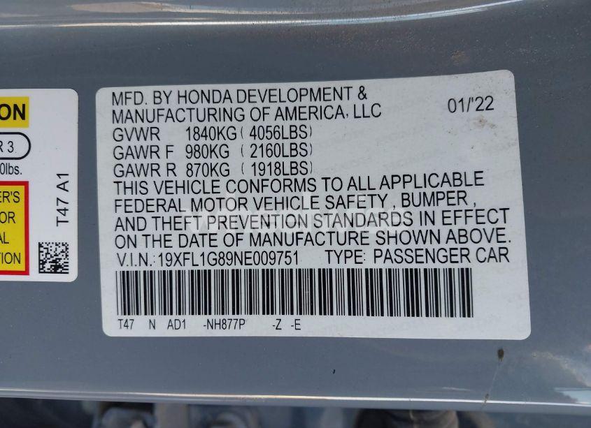 Photo 9 of 2022 Honda Civic SPORT TOURING (VIN 19XFL1G89NE009751)