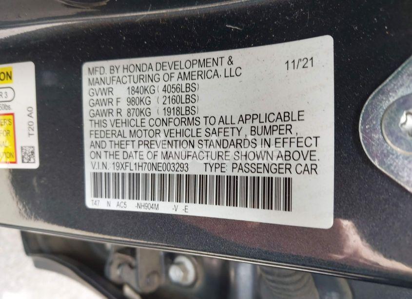 Photo 9 of 2022 Honda Civic EX-L (VIN 19XFL1H70NE003293)
