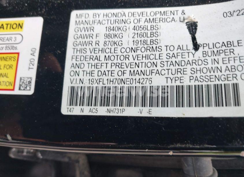 Photo 9 of 2022 Honda Civic EX-L (VIN 19XFL1H70NE014276)