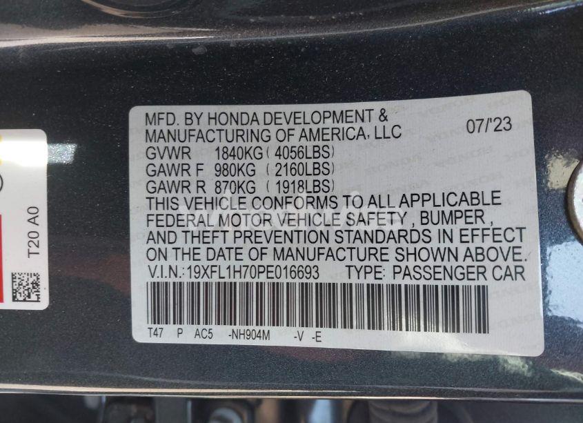 Photo 9 of 2023 Honda Civic EX-L /EX-L W/O BSI (VIN 19XFL1H70PE016693)