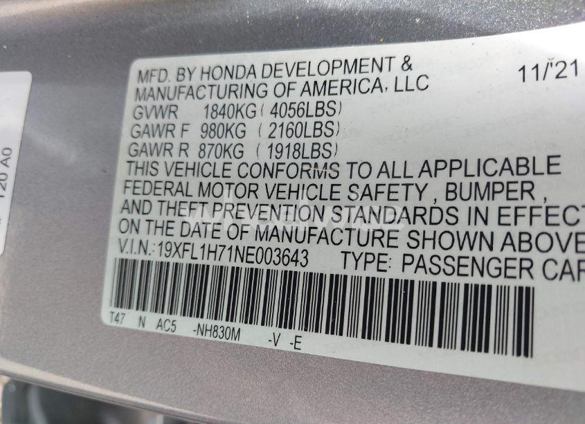 Photo 9 of 2022 Honda Civic EX-L (VIN 19XFL1H71NE003643)