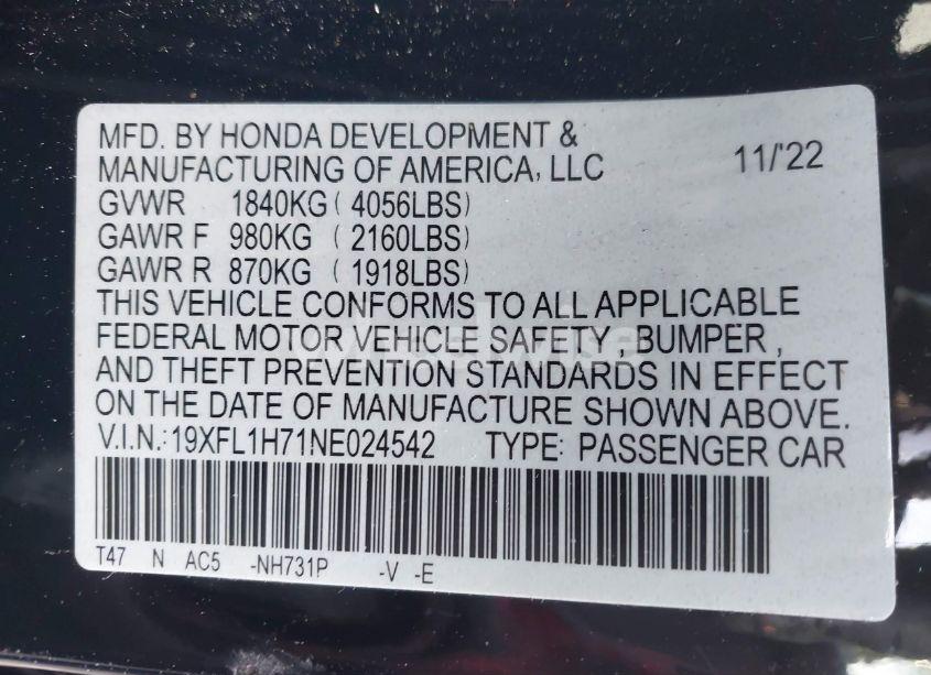 Photo 9 of 2022 Honda Civic EX-L (VIN 19XFL1H71NE024542)