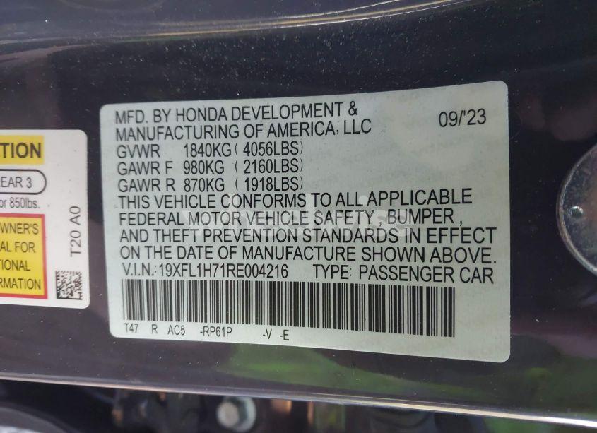 Photo 9 of 2024 Honda Civic EX-L (VIN 19XFL1H71RE004216)