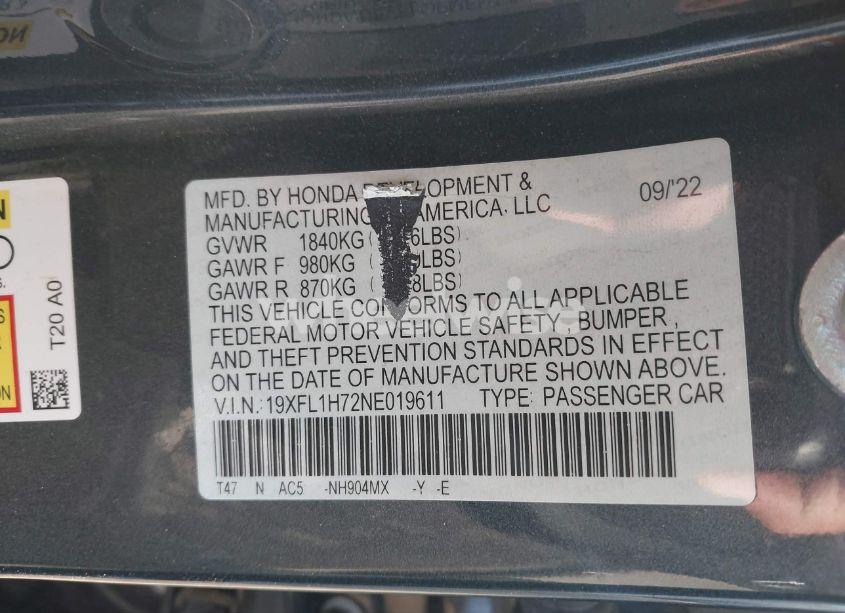 Photo 9 of 2022 Honda Civic EX-L (VIN 19XFL1H72NE019611)