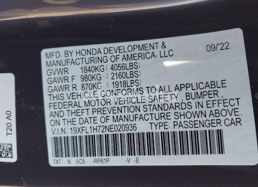 Photo 9 of 2022 Honda Civic EX-L (VIN 19XFL1H72NE020936)