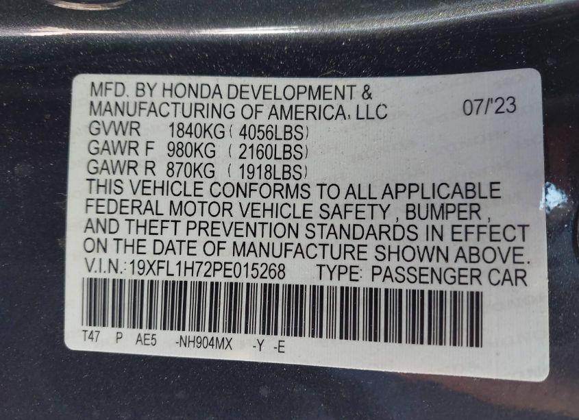 Photo 9 of 2023 Honda Civic (VIN 19XFL1H72PE015268)