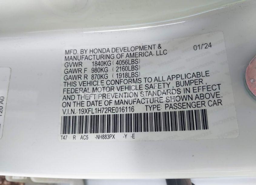 Photo 9 of 2024 Honda Civic EX-L (VIN 19XFL1H72RE016116)