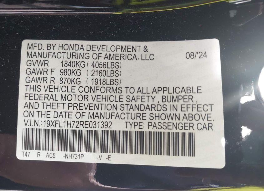 Photo 9 of 2024 Honda Civic EX-L (VIN 19XFL1H72RE031392)