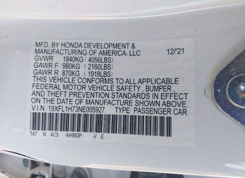 Photo 9 of 2022 Honda Civic EX-L (VIN 19XFL1H73NE005927)