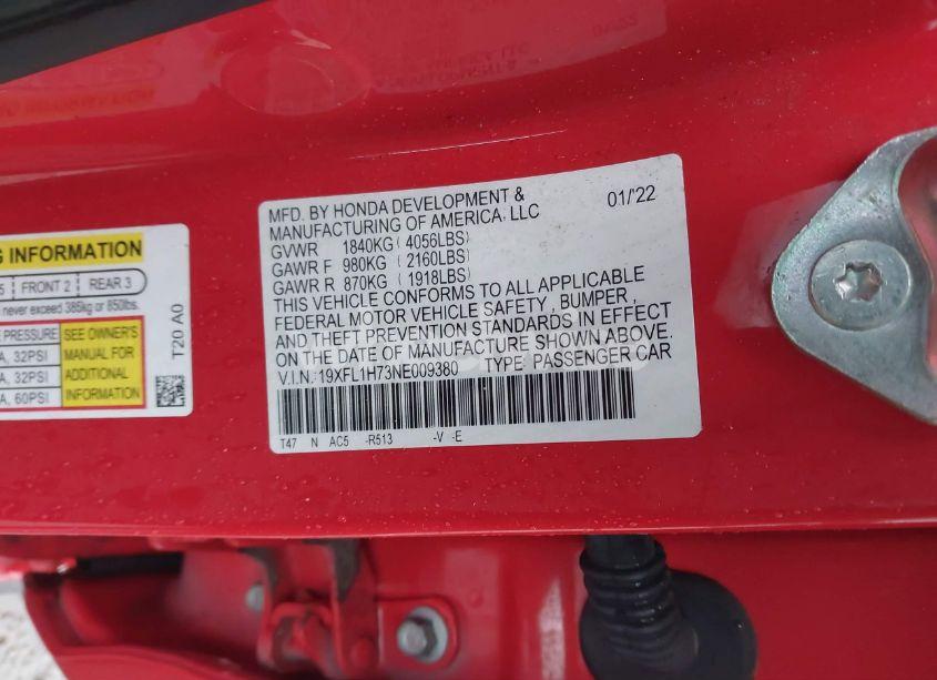 Photo 9 of 2022 Honda Civic EX-L (VIN 19XFL1H73NE009380)