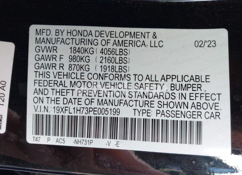 Photo 9 of 2023 Honda Civic EX-L/EX-L W/O BSI (VIN 19XFL1H73PE005199)
