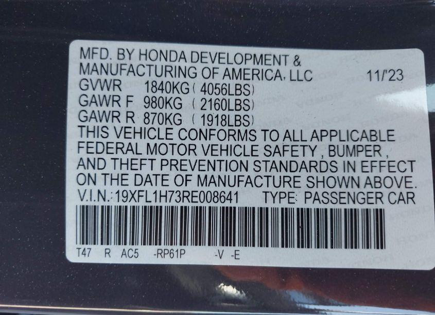 Photo 9 of 2024 Honda Civic EX-L (VIN 19XFL1H73RE008641)